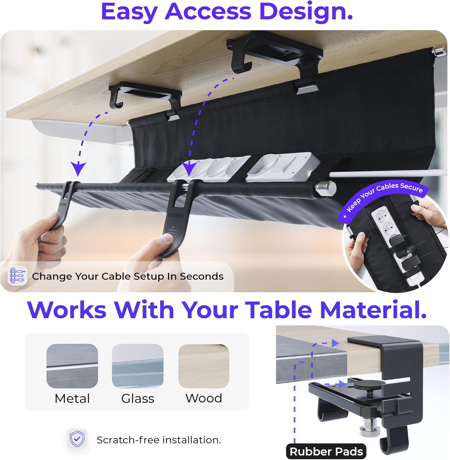 Ascrono Original No Drill Under Desk Cable Management Tray 14.1" - Premium Black Fabric Cable Management Under Desk - Clamp/Screw Mount Cord Organizer - Supports Upto 66lbs