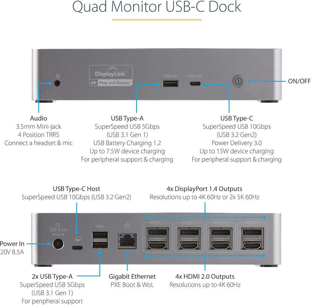 StarTech.com USB-C Quad Monitor Docking Station for MacBook Pro/Air M1 M2 M3 M4 & Windows, Universal 4K 60Hz HDMI DP Dock, Thunderbolt Compatible, 100W Laptop Charging