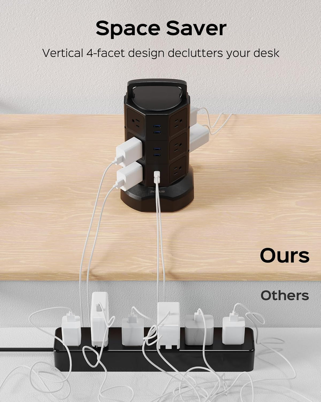 Power Strip Tower Surge Protector, JACKYLED 1625W 13A Outlet Surge Electric Tower, 12 Outlets 6 USB Ports Charging Station with 16AWG 6.5ft Heavy Duty Extension Cord for Home Office Dorm Black