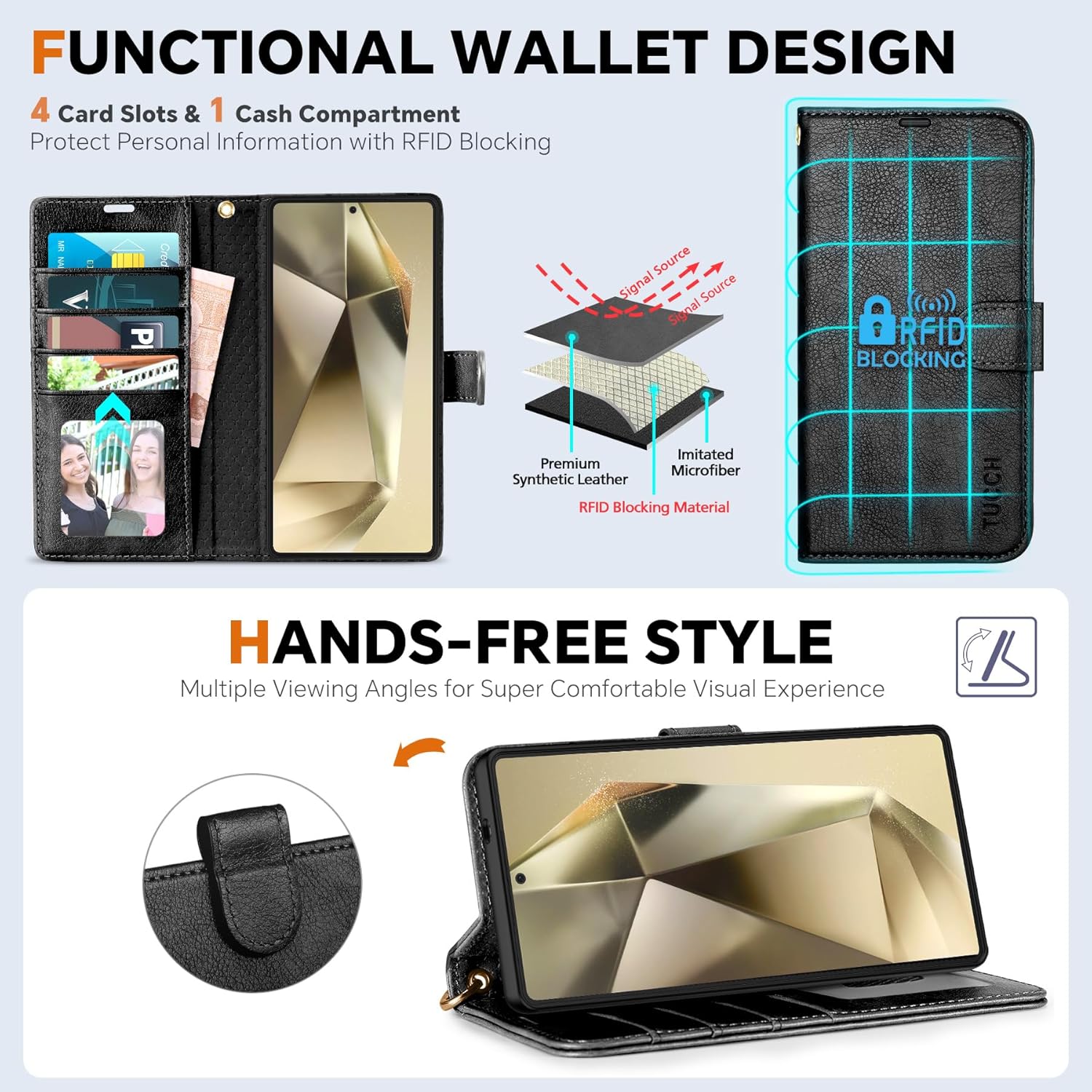 TUCCH Wallet Case for Galaxy S25 Ultra, [Removable] 2 in 1 [Wireless Charging] Wrist Strap RFID Blocking 4 Card Holders Magnetic Detachable Stand PU Leather Cover for Galaxy S25 Ultra, Textured Black