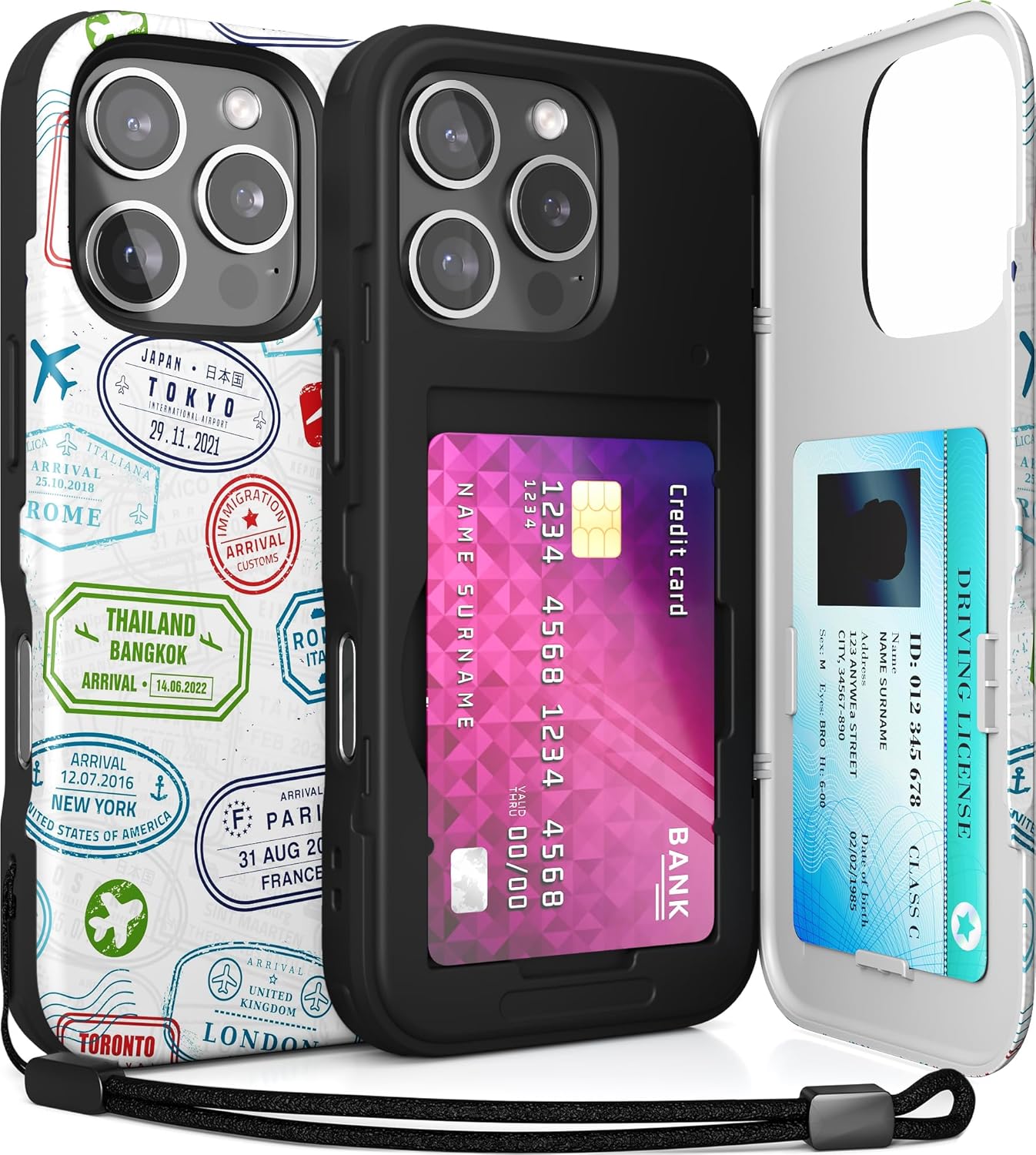 TORU CX Slim for iPhone 16 Pro Case Wallet | Protective Shockproof Heavy Duty Cover with Hidden Card Holder & Card Slot | Mirror & Wrist Strap Included - Travel Stamps