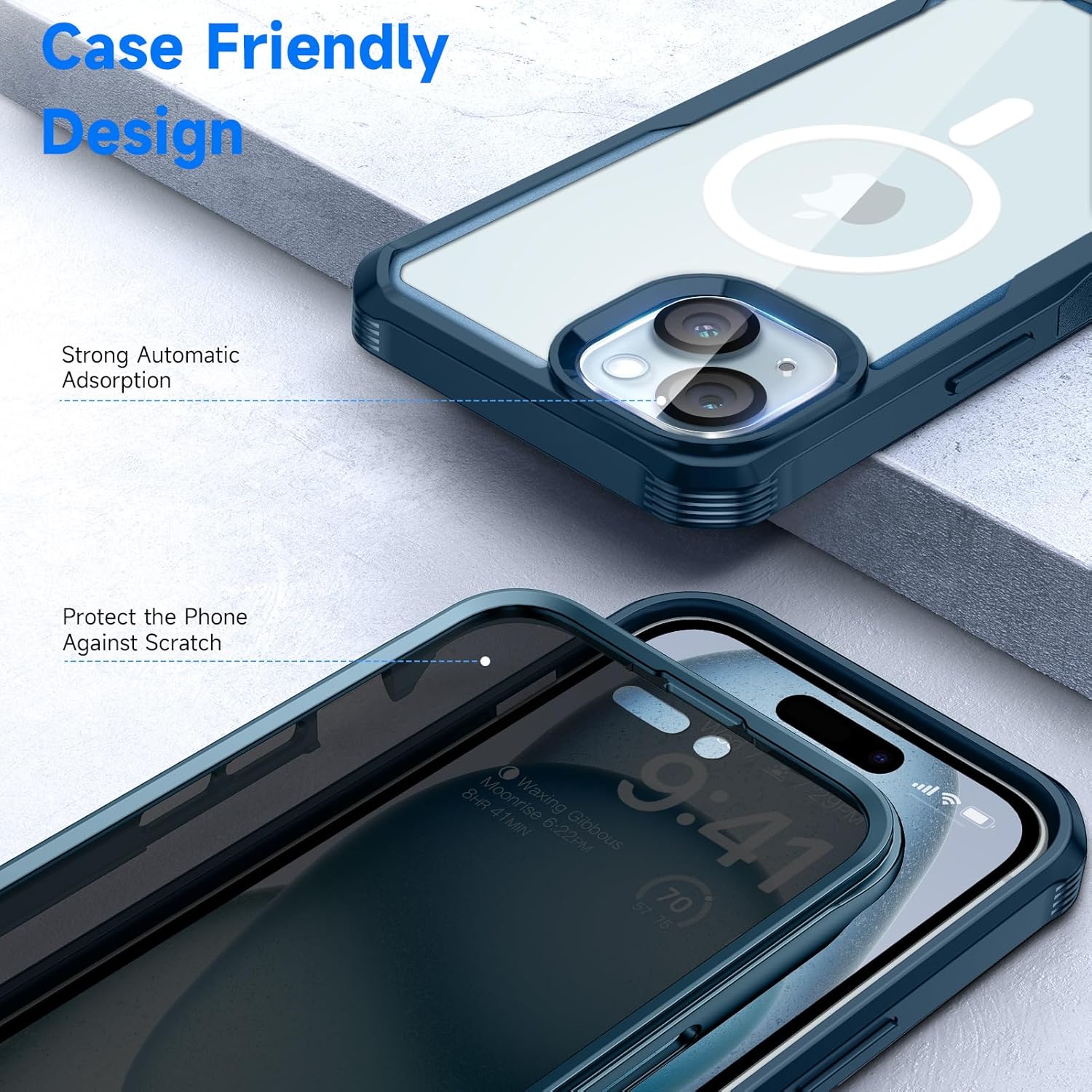 seacosmo for iPhone 15 Case, Full Body Bumper with Built-in 9H Tempered Glass Privacy Screen Protector and Camera Lens Protector, Compatible with MagSafe, Shockproof Phone Cover, 6.1", Blue