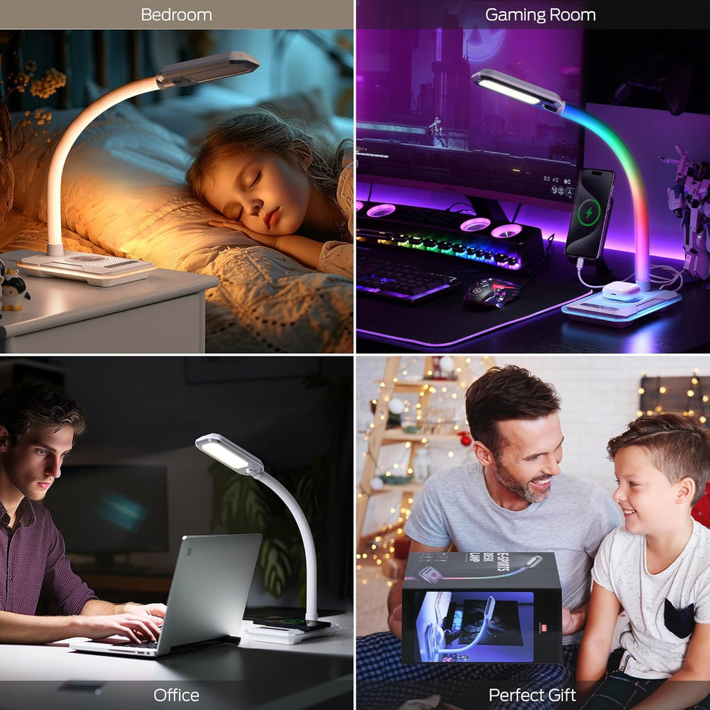 WILIT Desk Lamp with Wireless Charger, Music Sync RGB Color Changing Lights, Gaming Lamp with USB Charging Port, Touch Control Table Lamp, Desktop Light for Home Office Dorm Room, Birthday Gifts