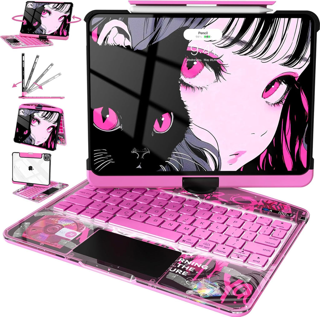 Intermerge Clear Keyboard Case for iPad Air 13" (M3/M2, 2025/2024) & Pro 12.9" (2022-2018) - 360° Rotatable Trackpad, RGB Backlit Keyboard, Pencil Holder, Power Indicator, Type-C, Blush Pulse