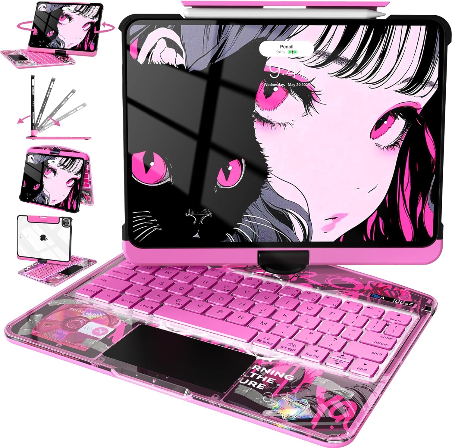 Intermerge Clear Keyboard Case for iPad Air 13" (M3/M2, 2025/2024) & Pro 12.9" (2022-2018) - 360° Rotatable Trackpad, RGB Backlit Keyboard, Pencil Holder, Power Indicator, Type-C, Blush Pulse