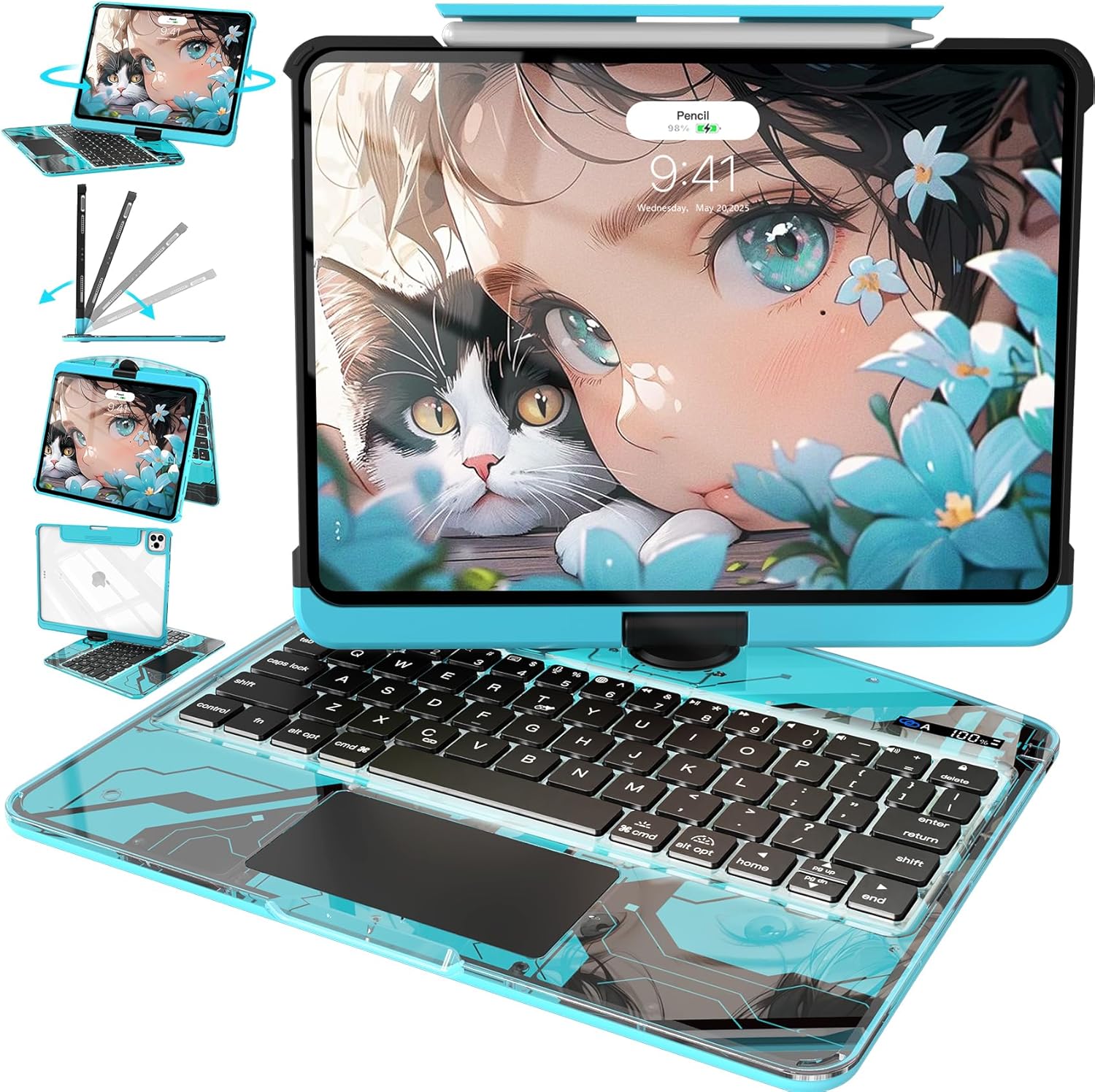 Intermerge Clear Keyboard Case for iPad Pro 11" (M4) 2024 Only, 360° Swivel Multi-Touch Trackpad, 7-Color RGB Backlit, Pencil Holder, Type-C, Power Indicator, Aqua Pulse