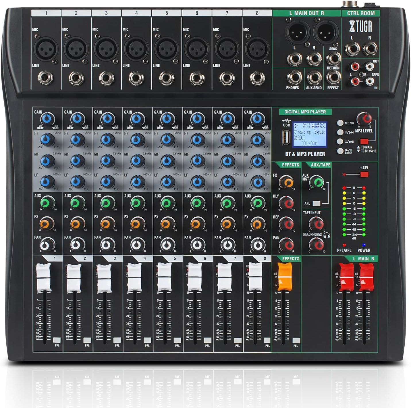 XTUGA 8 Channel Audio Mixer Sound Board Mixing Console, Audio Interface PC USB Bluetooth with 48V Phantom Digital Effect for DJ Live Recording Studio Karaoke(CT80)