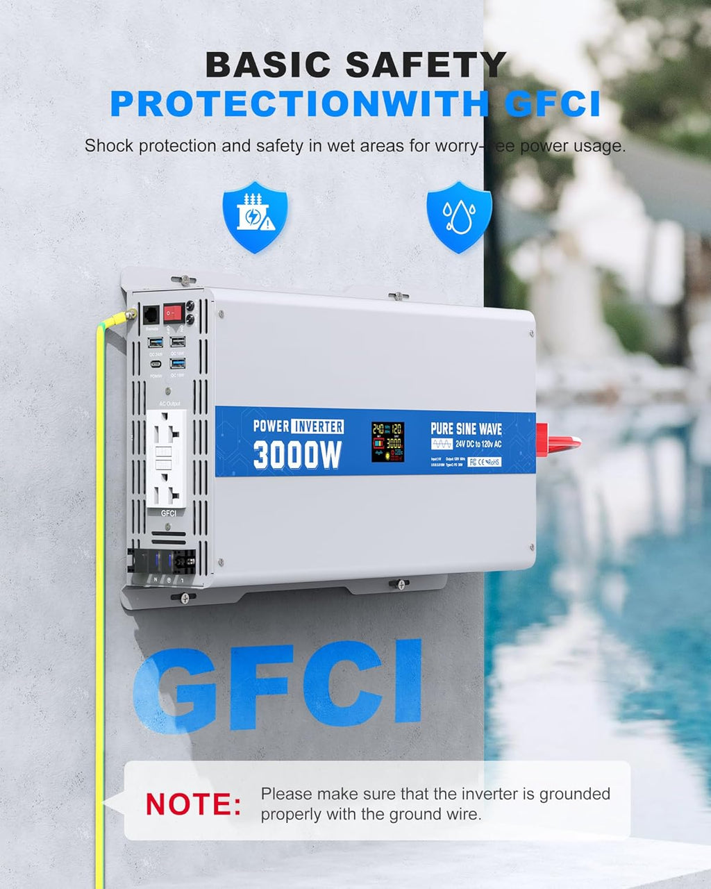 3000W Pure Sine Wave Power Inverter 24V DC to 120V AC Converter 6000 Watt Peak Power Multi-Display Screen with 2 GFCI Outlet 30W USB and 18W Type-C for Car RV Truck Boat Off-Grid, Gray Blue