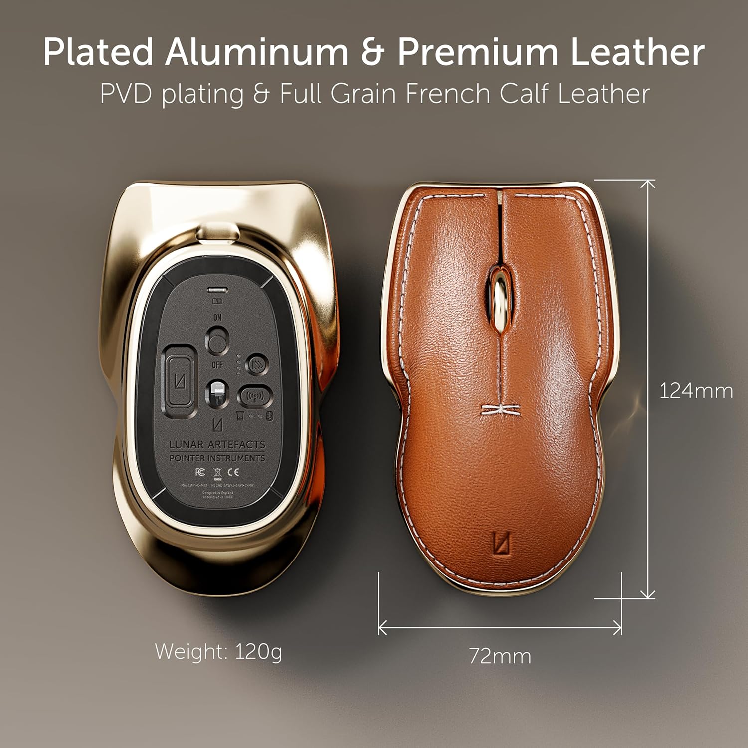LUNAR ARTEFACTS Ambidextrous Rechargeable Bluetooth Wireless Computer Mouse Brown French Leather and Aluminum, Qi Enabled USB-C
