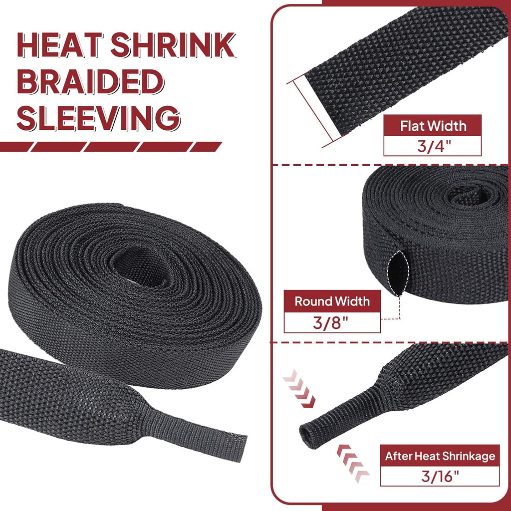 Heat Shrink Wire Loom 2:1 Shrinkable Braided Cable Sleeve 3/8 Inch ID-46ft Abrasion Protection Flexibility Fabric Wiring Harness Cover Sheath