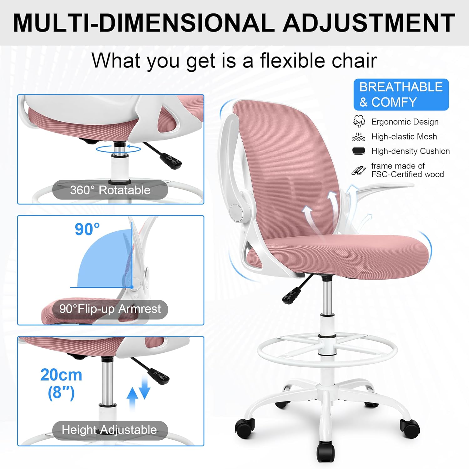 Primy Drafting Chair Tall Office Chair with Flip-up Armrests Executive Ergonomic Computer Standing Desk Chair with Lumbar Support and Adjustable Footrest Ring (Rose Quartz)