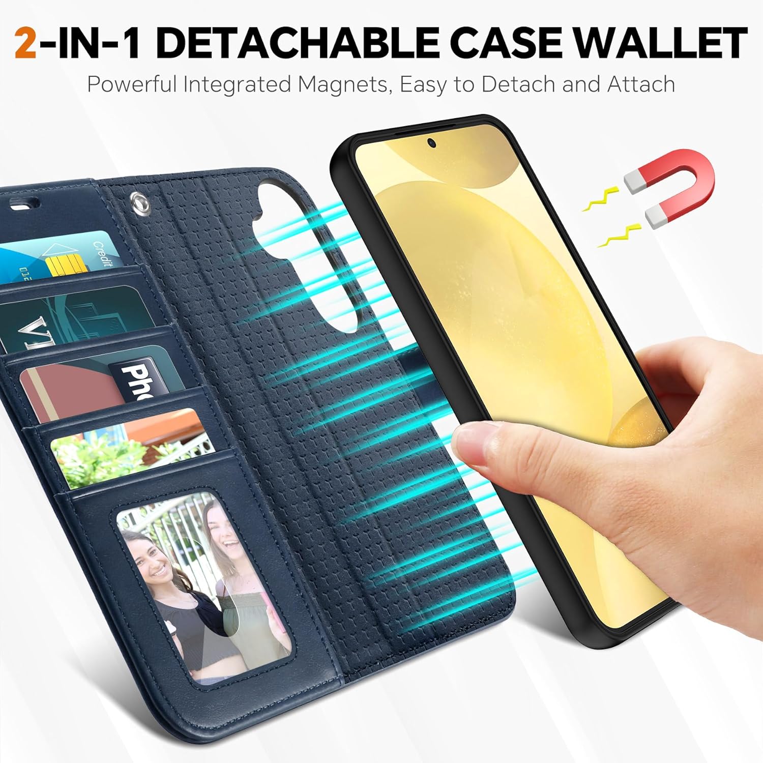 TUCCH Case for Galaxy S25 Plus, [Detachable] 2 in 1 Magnetic PU Leather Wallet with Wrist Strap RFID Blocking [Wireless Charging] 4 Card Slot Kickstand Removable Cover for Galaxy S25 Plus, Dark Blue