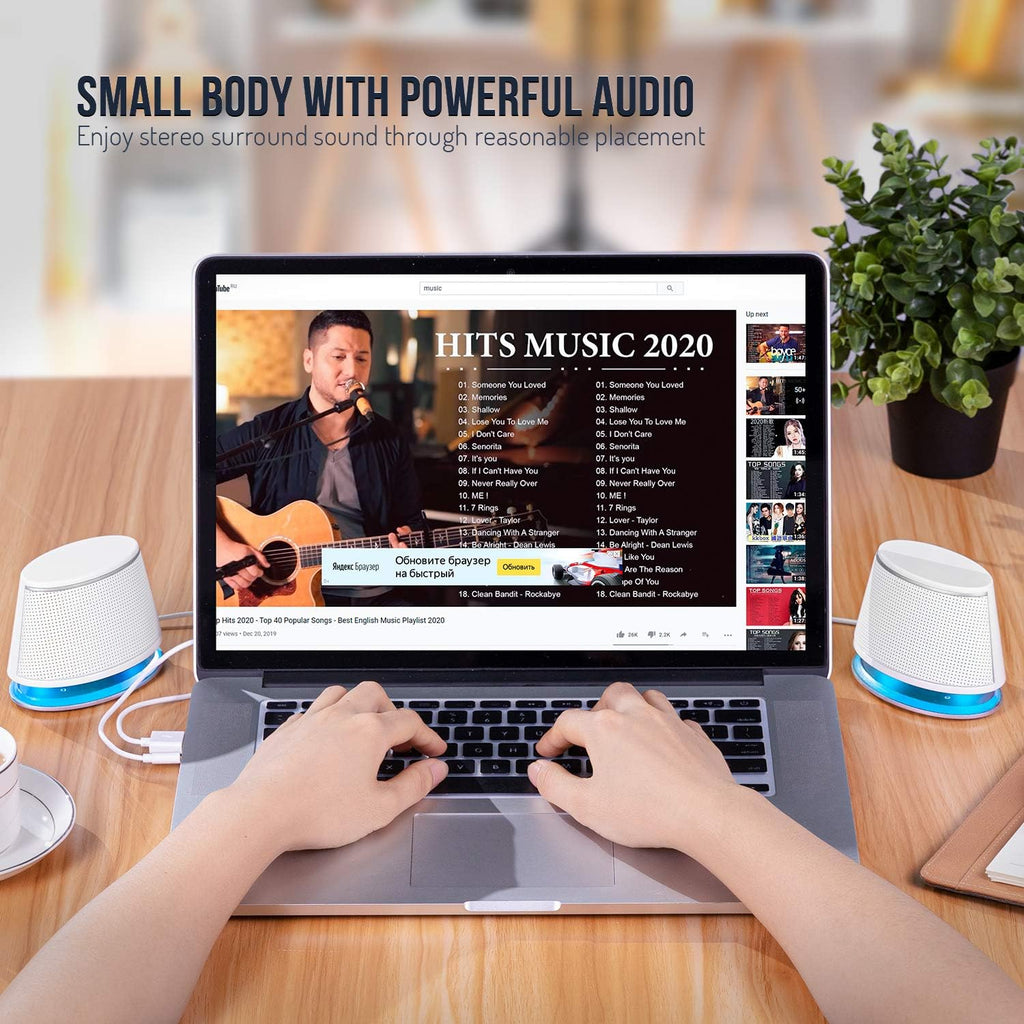SW102 Computer Speakers, 5Wx2, Deep Bass in Small Body, Stereo 2.0 USB Powered 3.5mm Aux Multimedia Speakers, Built-in Bottom Bass Radiators, PC Laptop Desktop Speakers, White