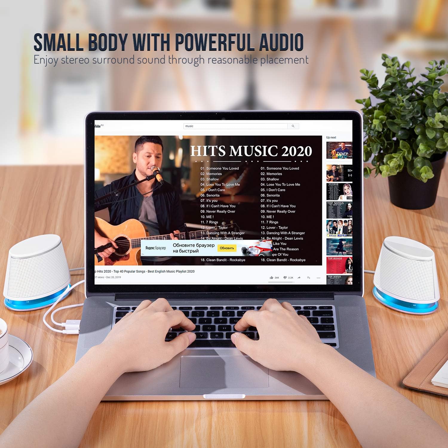 SW102 Computer Speakers, 5Wx2, Deep Bass in Small Body, Stereo 2.0 USB Powered 3.5mm Aux Multimedia Speakers, Built-in Bottom Bass Radiators, PC Laptop Desktop Speakers, White