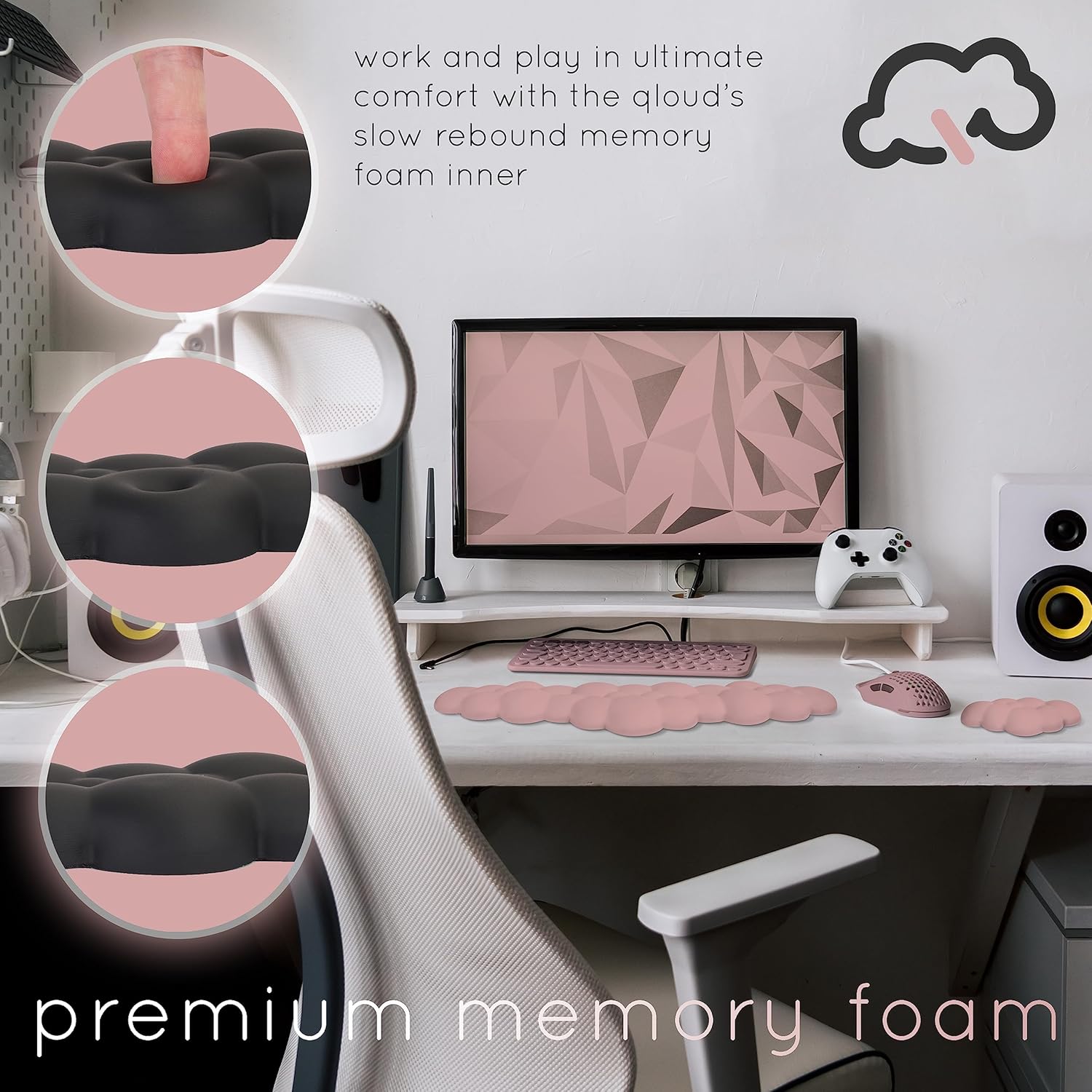 Qloud Cloud Wrist Rest Keyboard Wrist Rest for Computer Keyboard Pad, Cloud Keyboard Wrist Rest, Wrist Pad for Keyboard, Memory Foam, Non Slip Base, Comes with Mouse Pad - Pastel Pink
