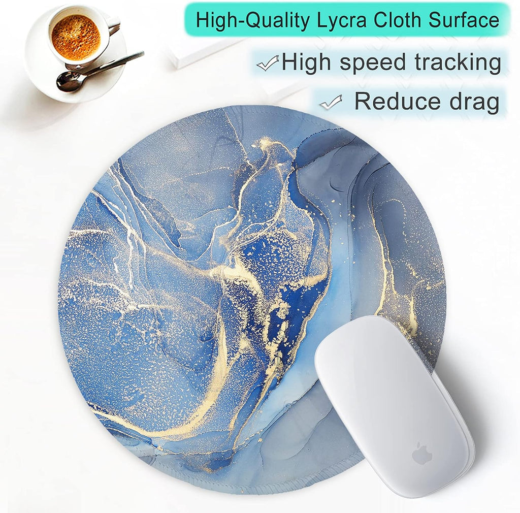 ITNRSIIET Round Mouse Pad with Stitched Edge Premium-Textured Waterproof Non-Slip Rubber Base Desktop Protection Mat Diameter 8.7 inches, Blue Marble Texture