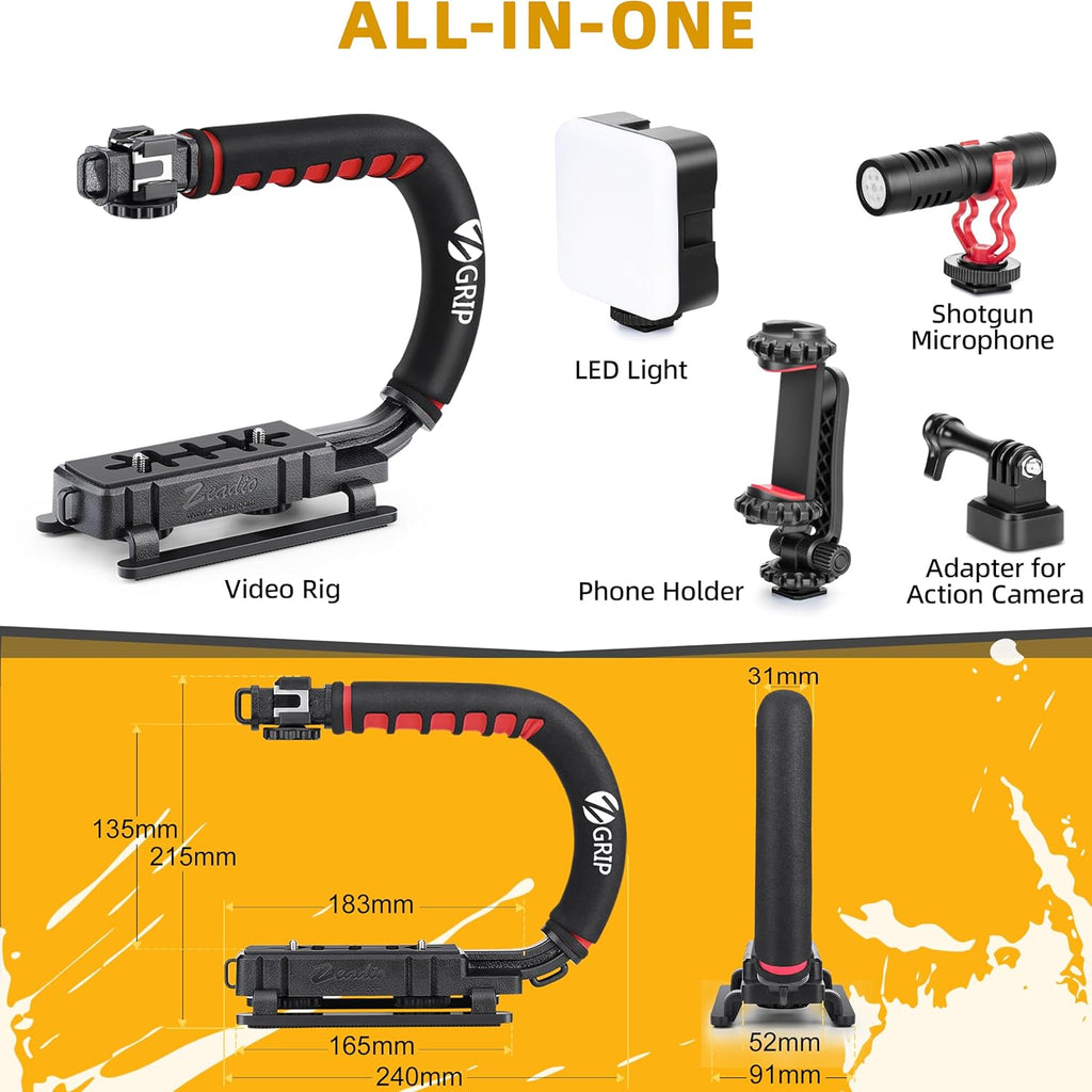 Zeadio Camera Stabilizer, Handle Grip Handheld Stabilizer with LED Video Light and Microphone, Fits for All Camcorder, Camera, DSLR, Action Camera and All Smartphones