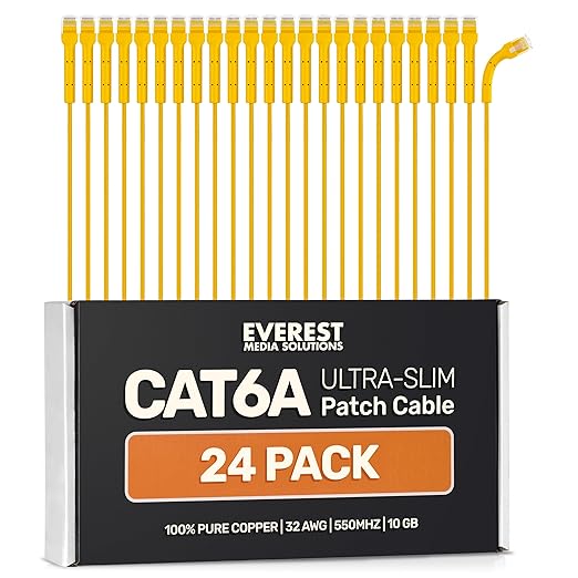 Everest Ultra Slim Cat6a Ethernet Patch Cables 0.5ft Yellow by EverestMediaSolutions