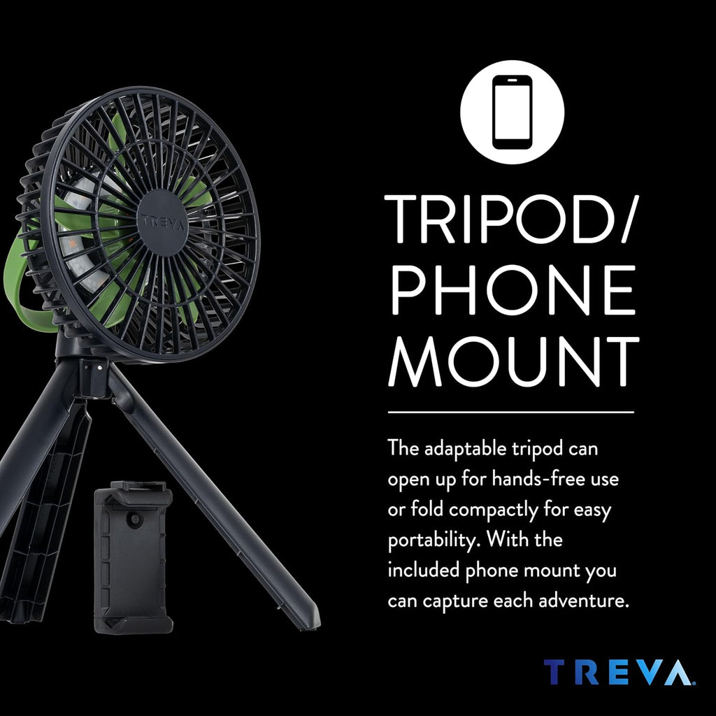 Treva 5 Inch Tripod Fan with Built-In Light and Attachable Phone Mount, Rechargeable 3-Speed Mini Fan with Handle for Travel, Camping, Outdoors