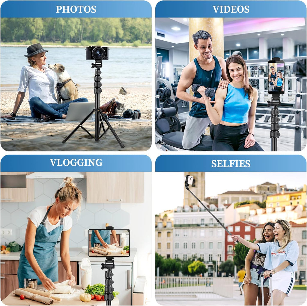 Phone Tripod, 70" Selfie Stick Tripod Stand Cell Phone Tripods with Remote Phone Holder Carry Bag, Aluminum Alloy Selfie Stick Tripods, Compatible with iPhone Samsung GoPro Smartphone