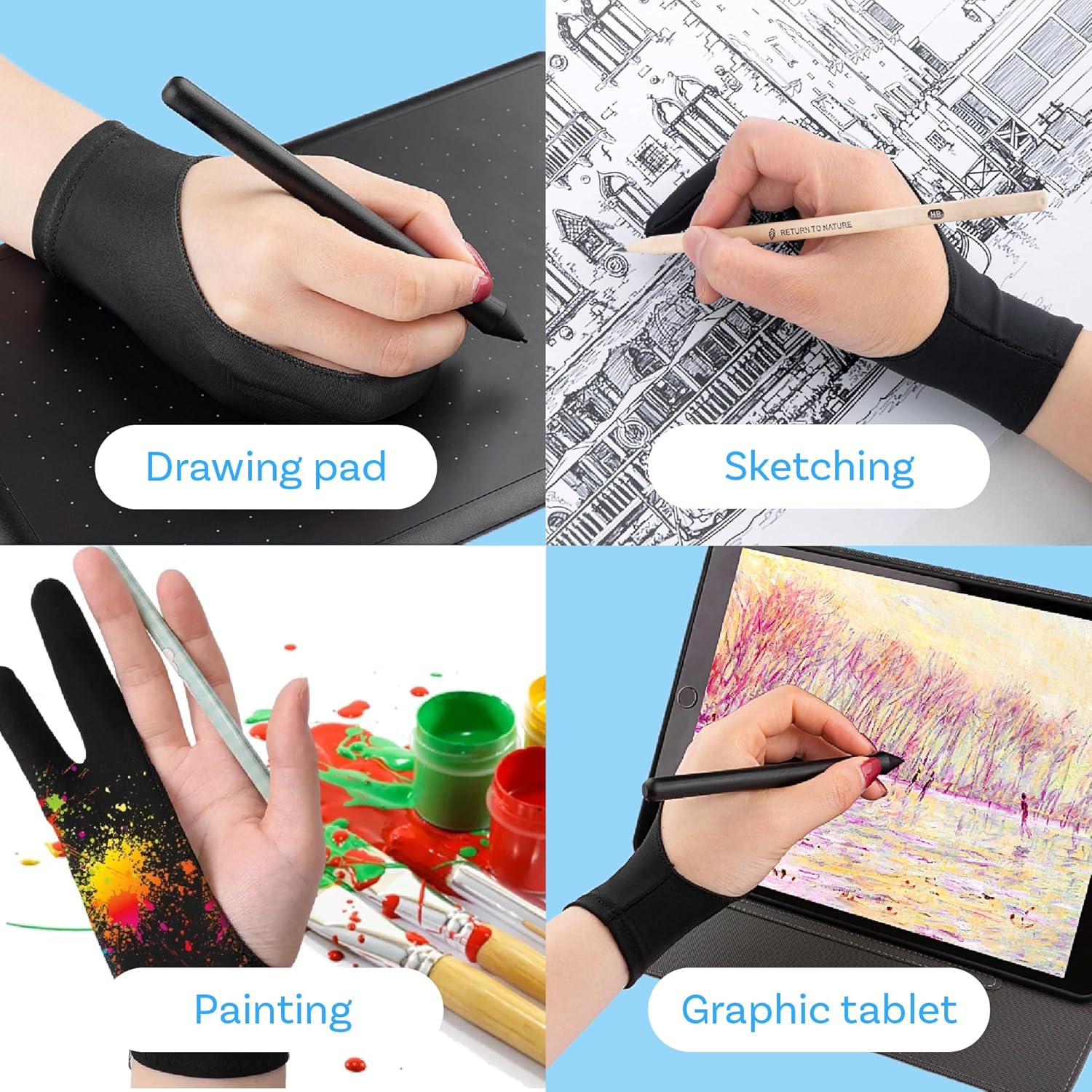 Drawing Glove for Digital Tablet and Sketching – by MMOBIEL – Model A 2-Finger Palm Rejection Artist Glove – Medium Size – Right and Left Hand Use