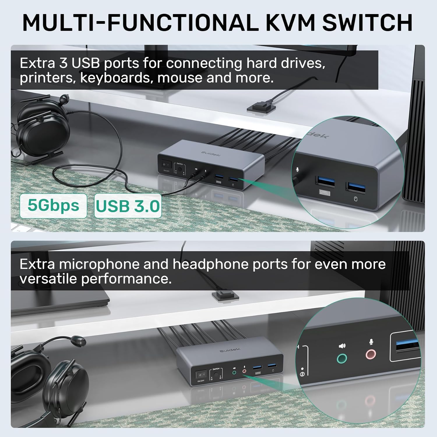HDMI Displayport KVM Switch, 2 Computers 2 Monitors 4K@60Hz KVM Switcher Dual Monitor for 2 PC, 3 USB 3.0 Ports Support Extended/Mirror Mode with Desktop Controller&2 USB Cables&Power Adapter
