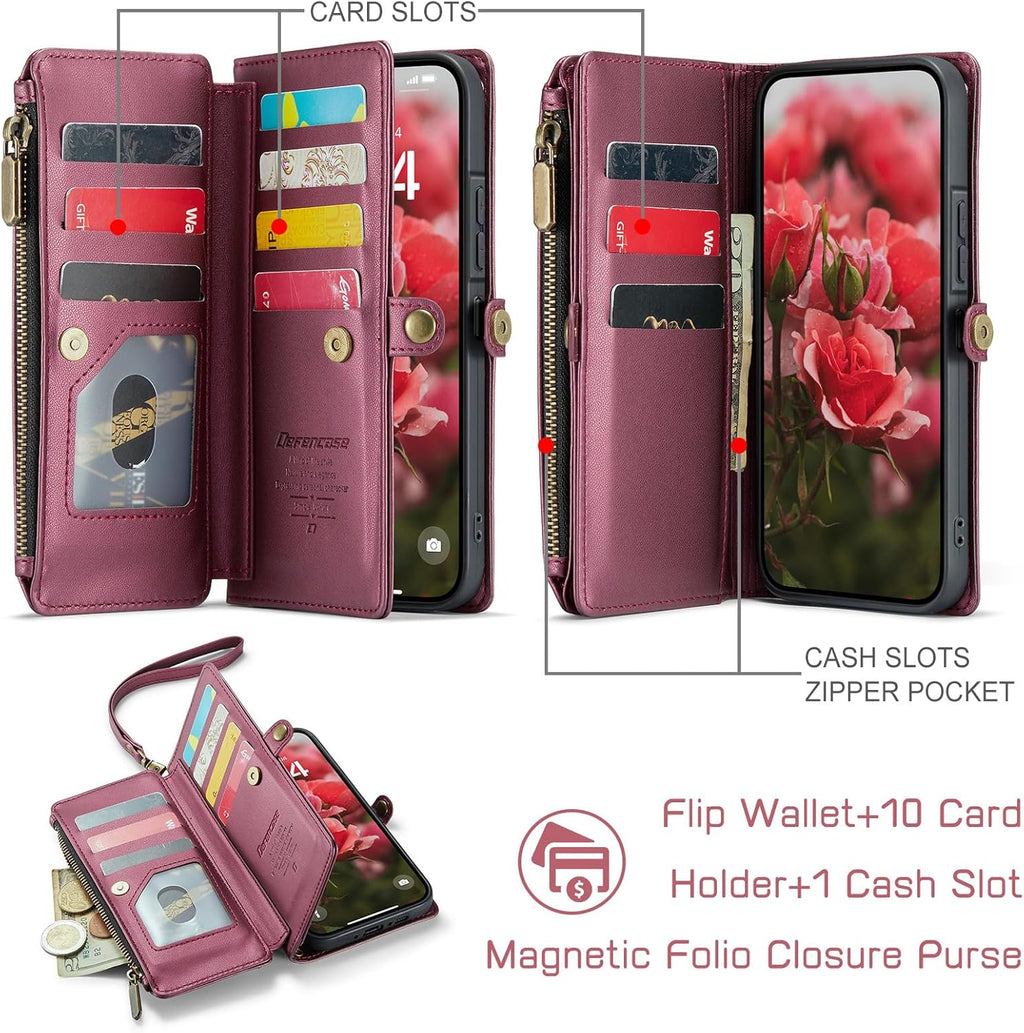 Defencase for Galaxy A26 5G Case Wallet with RFID Blocking Card Holder for Women Men, Fashion PU Leather Magnetic Snap Flip Zipper Wrist Strap Wallet Phone Case for Samsung Galaxy A26 5G, Wine Red