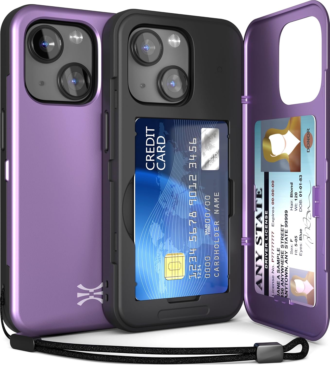 TORU CX Slim for iPhone 15 Case Wallet | Protective Shockproof Heavy Duty Cover with Hidden Card Holder & Card Slot | Mirror & Wrist Strap Included - Purple