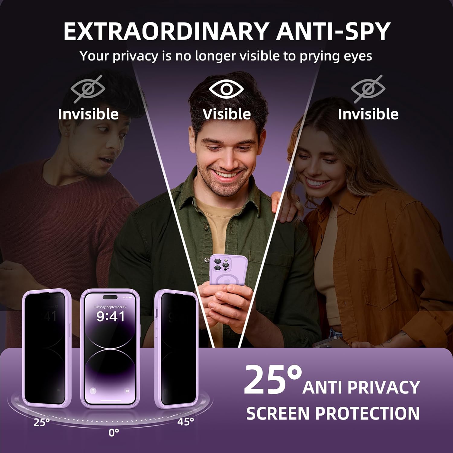 BERFY Magnetic for iPhone 14 Pro Max Case,Compatible with MagSafe,Built-in Privacy Screen Protector and Upgraded Camera Protection,Anti-Spy Full Body Shockproof Phone Case for 14 Pro Max, Light Purple