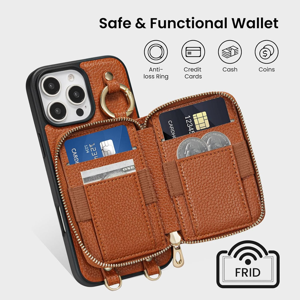 ORNARTO Magnetic Detachable Wallet Case for iPhone 16 Pro Max, [Compatible with MagSafe], Crossbody Wallet Case with Card Holder Wrist Strap, RFID Blocking PU Leather Wallet Phone Cover 6.9", Brown