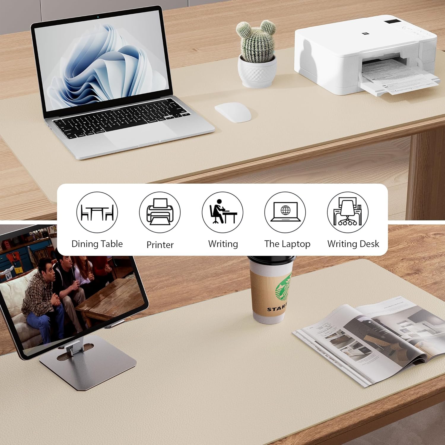 Aothia Non-Slip PU Leather Waterproof Laptop Desk Pad Protector, Blotter Mat, Writing and Mouse Pad for Office & Home, Beige, 23.6" x 13.7", Large