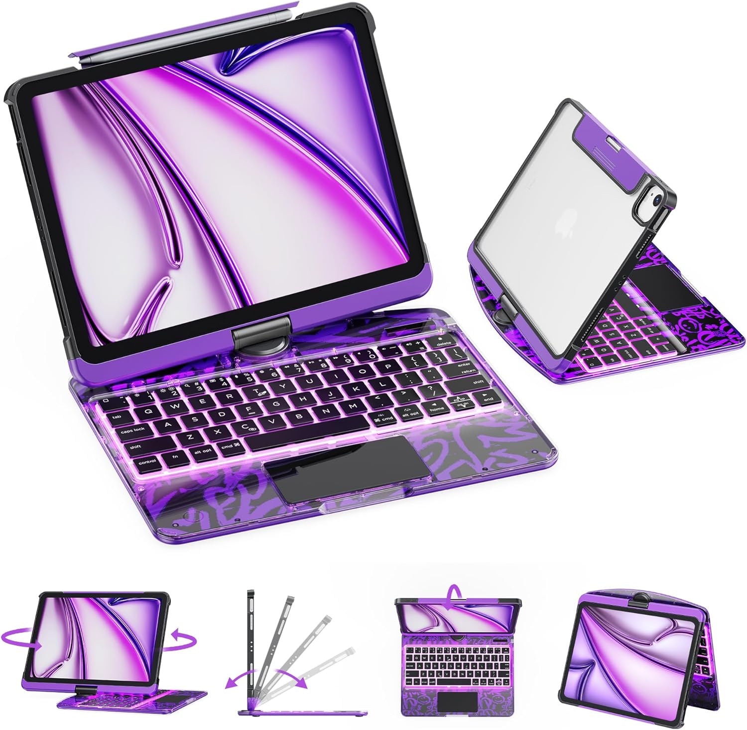 GUSGU Transparent Case with Wireless Keyboard only for 2024 iPad Pro 13-in.(M4), 7 Colors Backlight, Trackpad, 360°Rotating Stand for iPad Pro 13, Tech Style