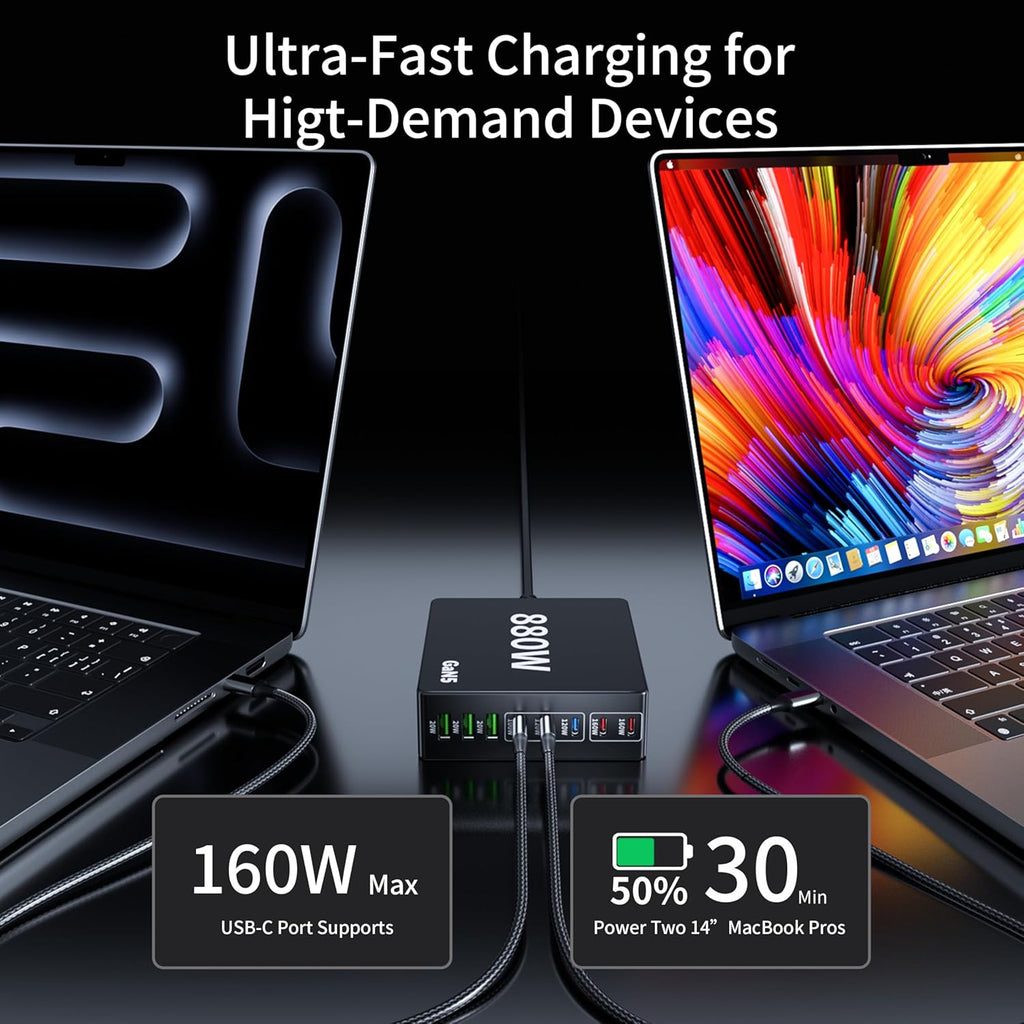 880W USB C Charger Block Charging Station 8 Port Fast GaN Chager 140W 160W PD PPS HUB for Laptop MacBook Charger Compatible with MacBook Pro/Air/All iPad iPhone 17/16/15/14/13/Pro Max/Galaxy Note