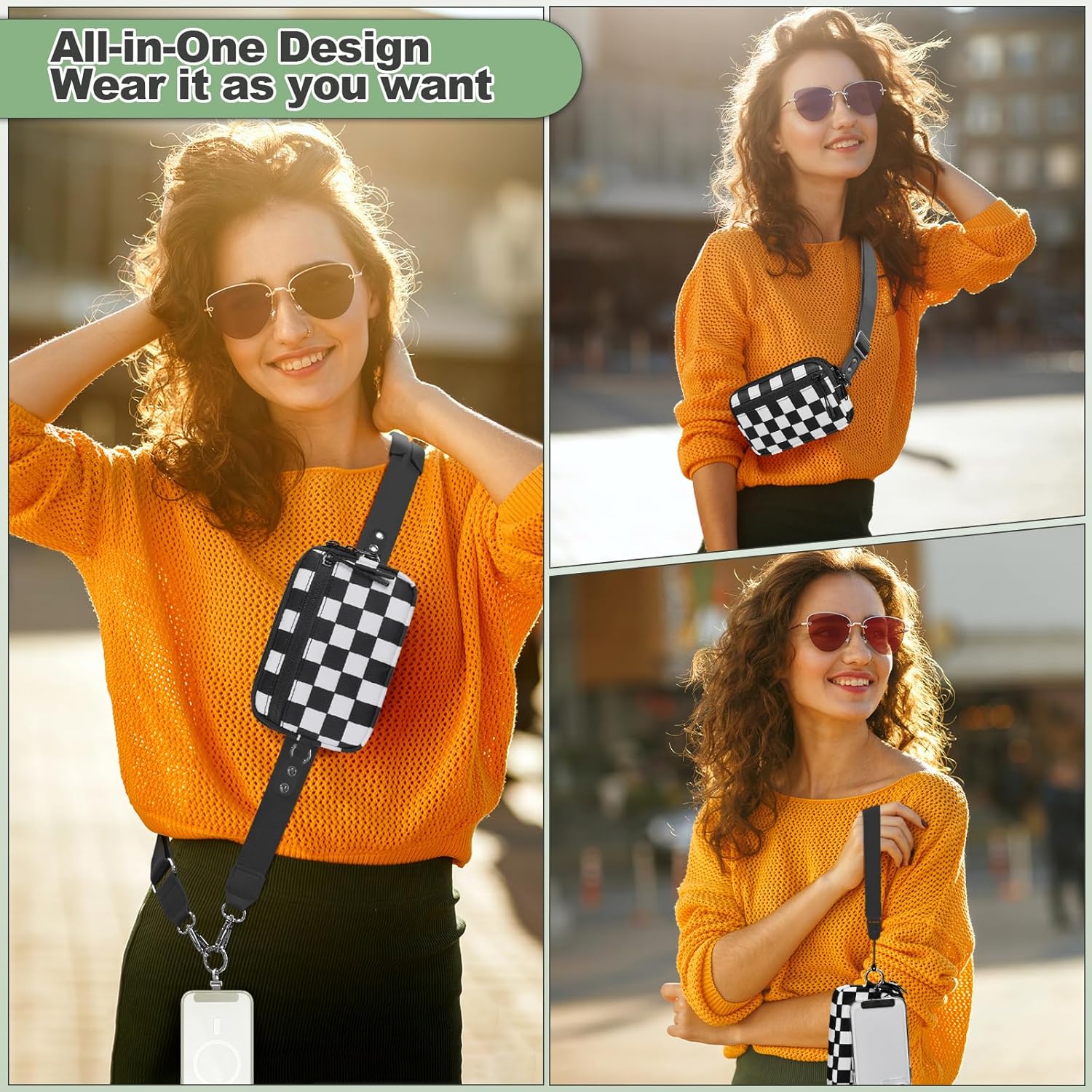 Clip and Go Strap for Phone with Wallet Crossbody, Adjustable Phone Lanyard with Detachable RFID Wristlet Wallet, Phone Strap with Phone Tabs for All Phones, Black Checkered (M)