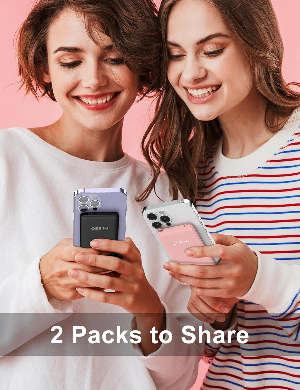 10000mAh Slim Portable Charger with Built in Cable, Power Bank Travel Charger External Battery Pack for Phone, 4 Output USB Type C Cord Clutch Charger Compatible with iPhone, 2 Pack Black & Pink