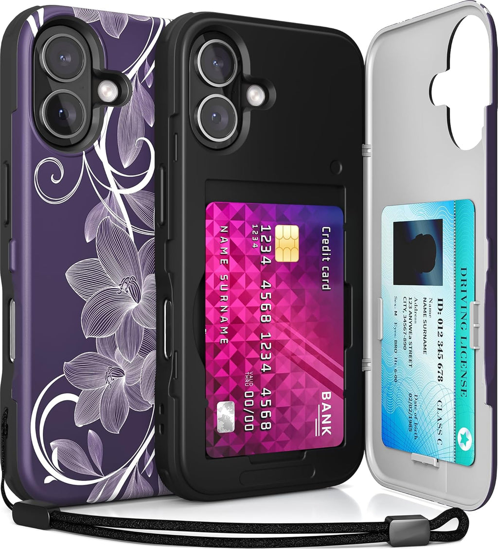 TORU CX Slim for iPhone 16 Case Wallet | Protective Shockproof Heavy Duty Cover with Hidden Card Holder & Card Slot | Mirror & Wrist Strap Included - Flowers