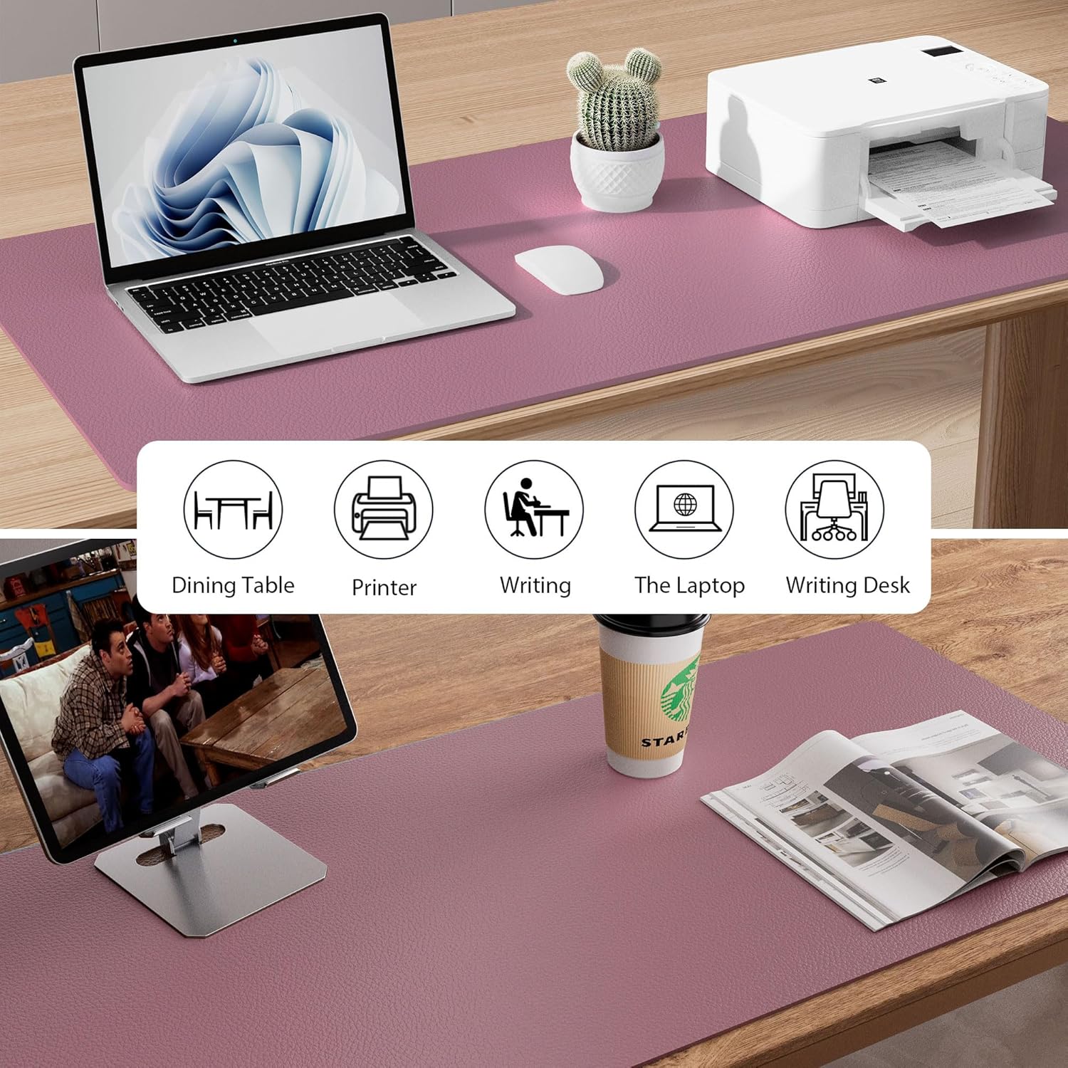 Aothia Leather Office Desk Mouse Pad Protector, Non-Slip PU Leather Laptop Desk Blotter/Mat, Waterproof Writing Pad for Office and Home, Dark Pink, 23.6" x 13.7"