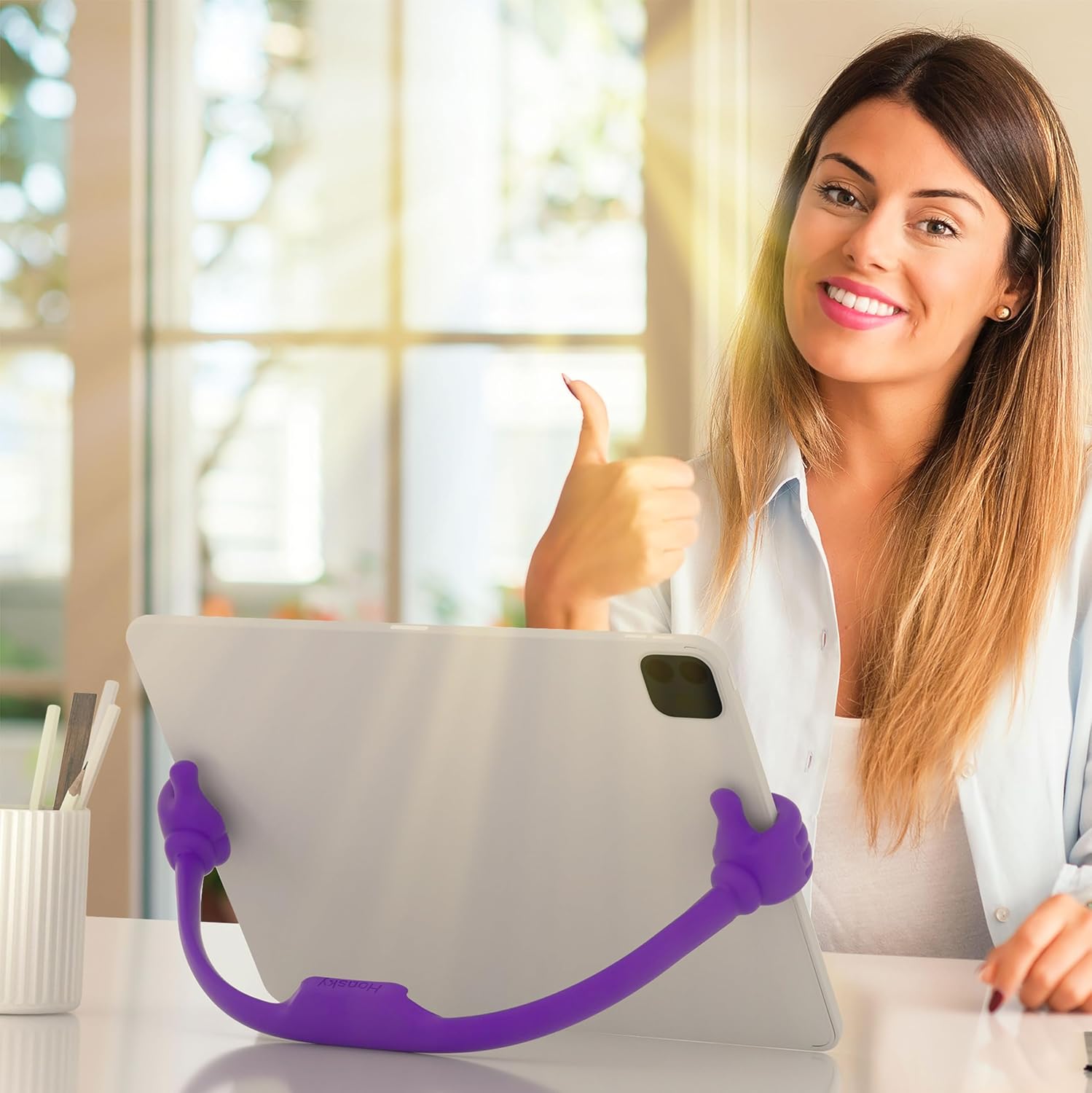 Honsky Thumbs Up 2 Pack Tablet Stand - Compatible with iPad, Samsung Galaxy Tabs, iPhone Pro Max - Universal Cute, Purple/Yellow