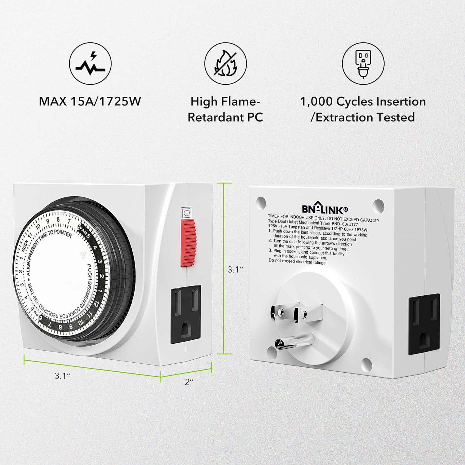 BN-LINK Heavy Duty Mechanical 24 Hour Timer Dual Outlet 3-Prong Accurate Indoor for Lamps Fans Christmas Lights White AC 1875W 1/2 HP, ETL Listed