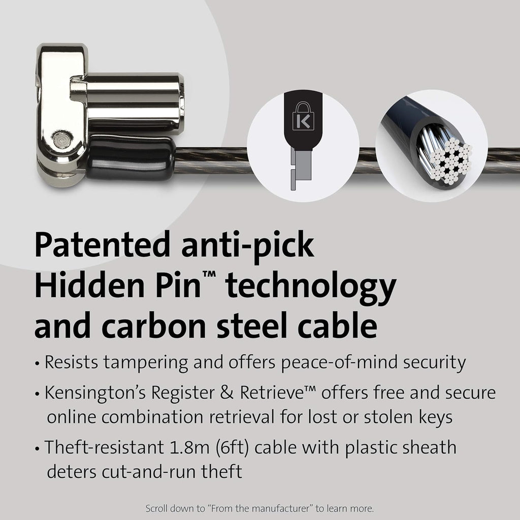 Kensington Universal 3-in-1 Keyed Laptop Locking Cable, Computer Security Keyed Lock, T-bar, Nano, Wedged-shaped (K62318WW)