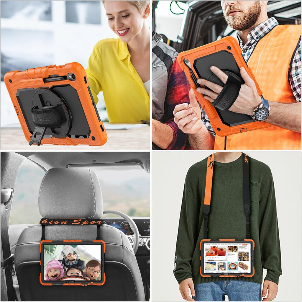 SEYMAC stock Case for Samsung Galaxy Tab S10 FE / S9 / S9 FE 5G Tablet Case Protective with Screen Protector, Pencil Holder, 360 Rotate Stand, Hand Strap, Shoulder Strap, Orange1