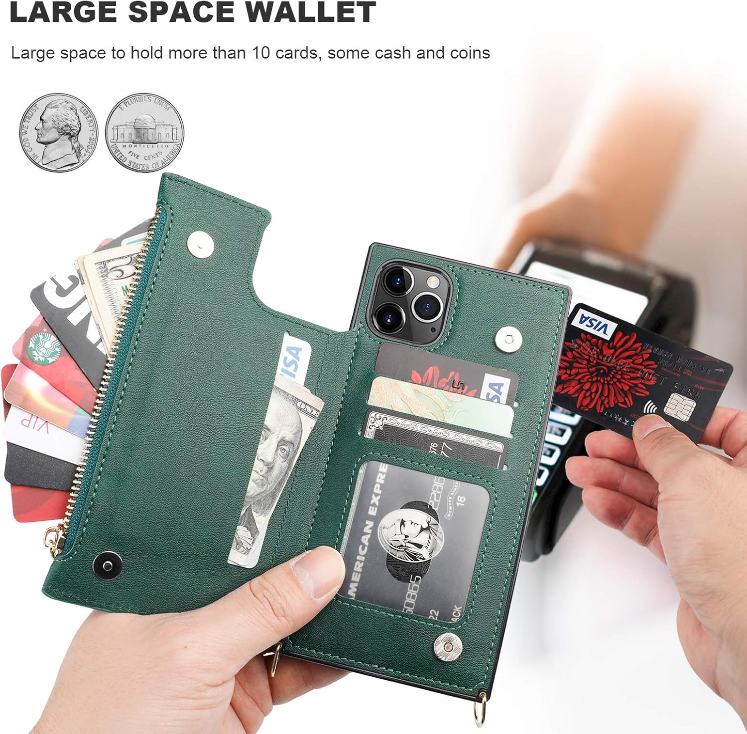 Bocasal Crossbody Wallet Case for iPhone 11 Pro Max with Card Holder,Zipper Card Slot Protector Shockproof Purse Cover with Removable Cross Body Strap 6.5 Inch(Green)