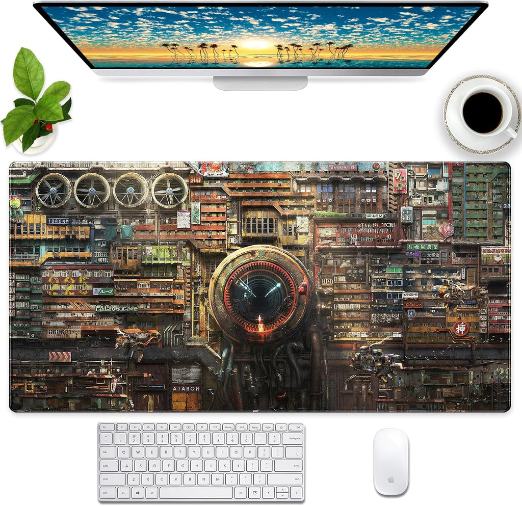 Futuristic Fantasy Mouse Pad, Cyberpunk Style Desk Mat, Extended XL Gaming Mouse Pads, Sci-Fi Computer Pad with Durable Stitched Edges, Non-Slip Washable Office Desktop Decorative Pad 31.5X15.7 Inch