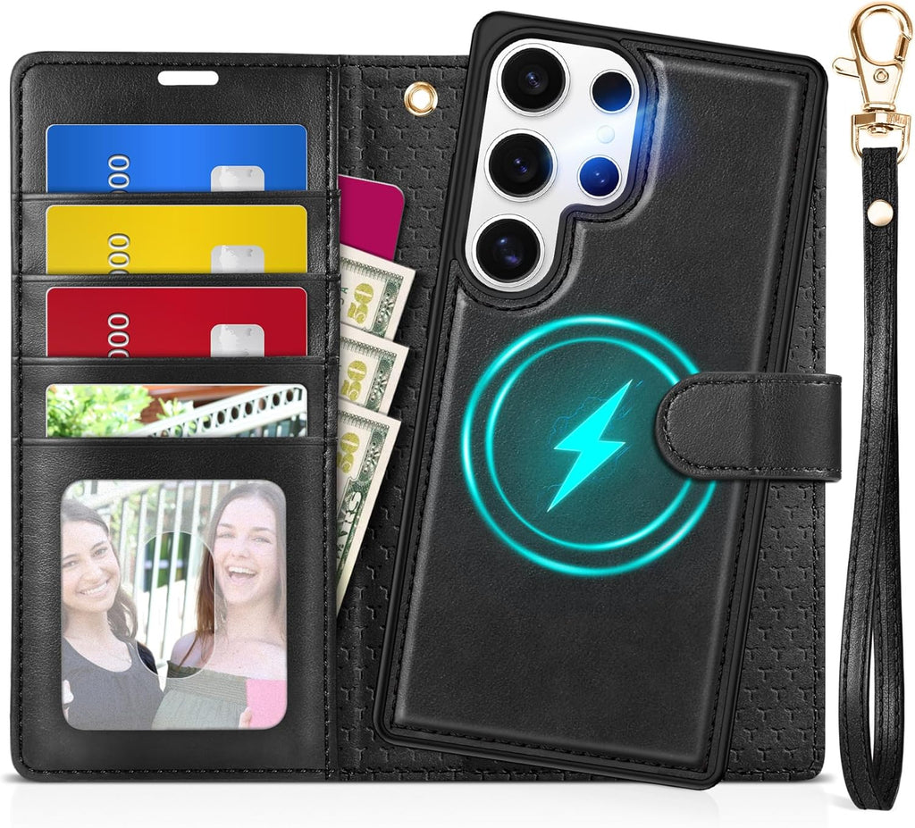 TUCCH Wallet Case for Galaxy S25 Ultra, Removable RFID Blocking [4 Card Slots] Wrist Strap Wireless Charging Kickstand PU Leather Magnetic Detachable Protective Cover for Galaxy S25 Ultra 6.9", Black
