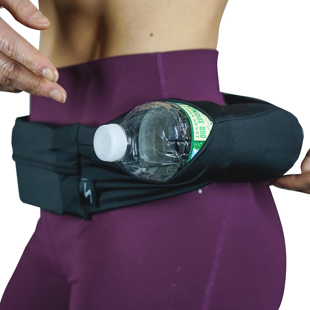 3 Pocket Adjustable Running Belt Waist Pack, Fanny Pack For Working Out With Sweat Resistant Backing, Holds All iPhone Models (Black/Black, X-Small)