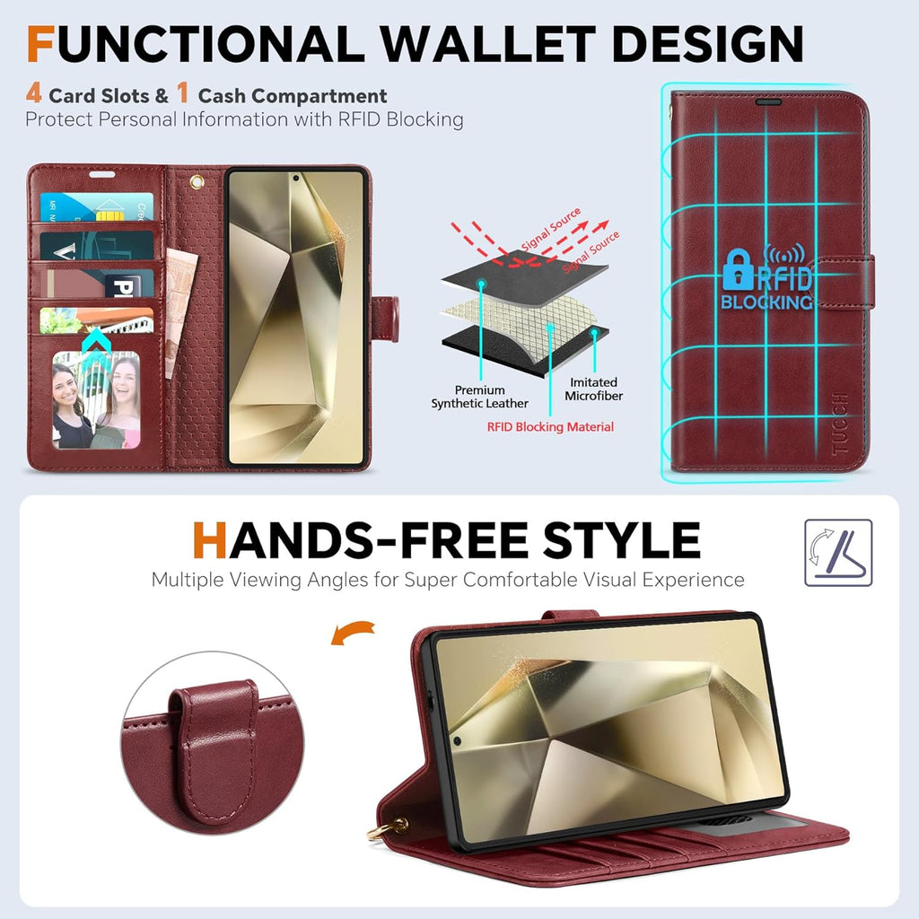 TUCCH Case Wallet for Galaxy S25 Ultra, Detachable Wrist Strap [Wireless Charging] RFID Blocking 4 Card Holder, Removable Stand PU Leather Flip Shockproof Phone Cover for Galaxy S25 Ultra, Dark Red
