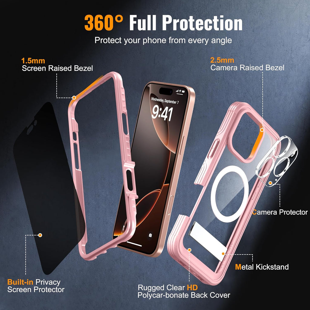 Magnetic & Stand for iPhone 16 Pro Max Case Built-in Privacy Screen Protector[360° Full Body Protection][Fit for Magsafe][Lens Protector] Heavy Duty Shockproof Case for iPhone 16 Pro Max Pink