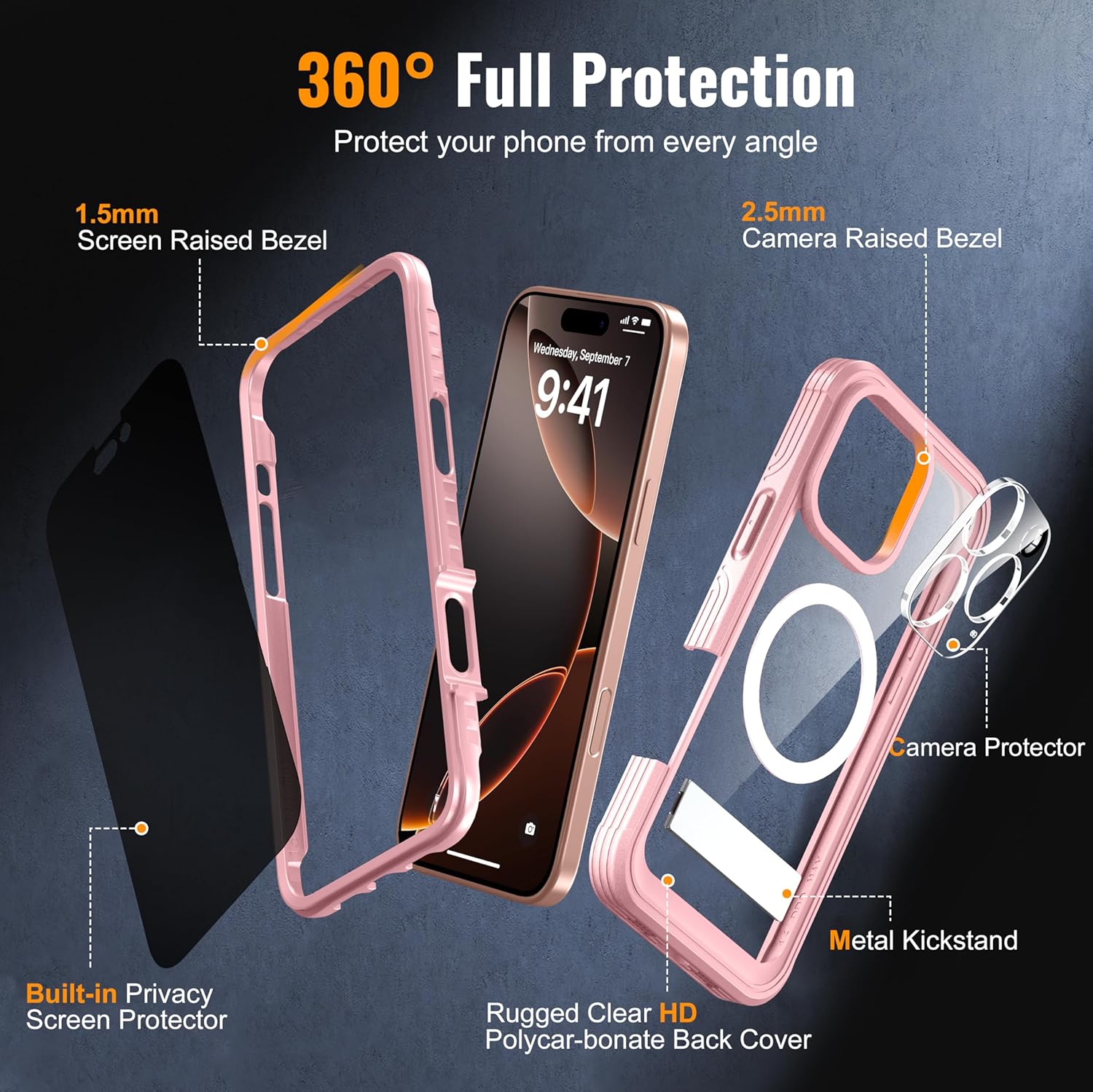 Magnetic & Stand for iPhone 16 Pro Max Case Built-in Privacy Screen Protector[360° Full Body Protection][Fit for Magsafe][Lens Protector] Heavy Duty Shockproof Case for iPhone 16 Pro Max Pink