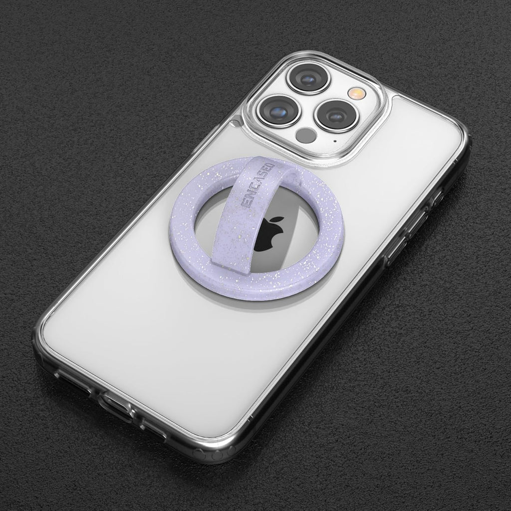 Encased Grip Loops for MagSafe, Magnetic iPhone Holder (2-Pack Set), Comfortable SoftTouch Silicone (Clear Sparkle/Glitter Purple)