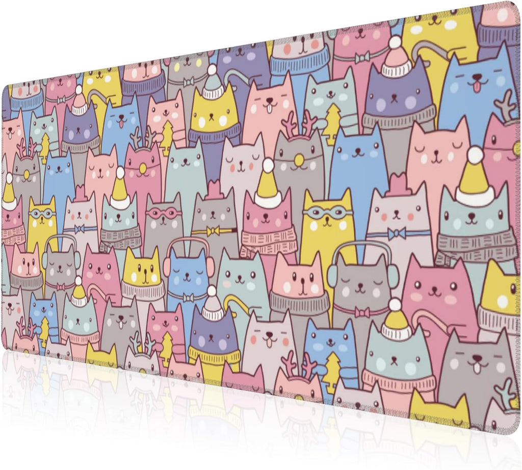 Mouse Pad, Large Cute Christmas Cats Desk Mat, Extended Non-Slip Gaming Keyboard Mousepad Desk Pad, Thick Stitched Edges Waterproof Mouse Mat 31.5"x15.7" (Cartoon Christmas Kittens)